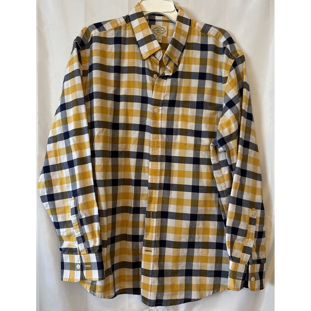 St Johns Bay Mens XL Long Sleeve Button Down Shirt Yellow‎ Plaid Pocket